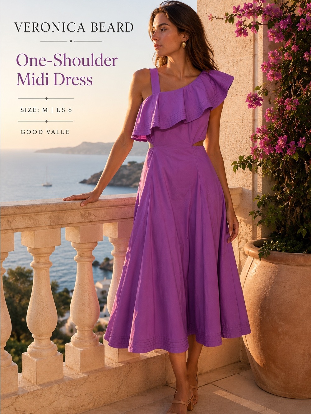 Veronica Beard One Shoulder Ruffle Midi Beilla Dress Purple Cutout Size 6